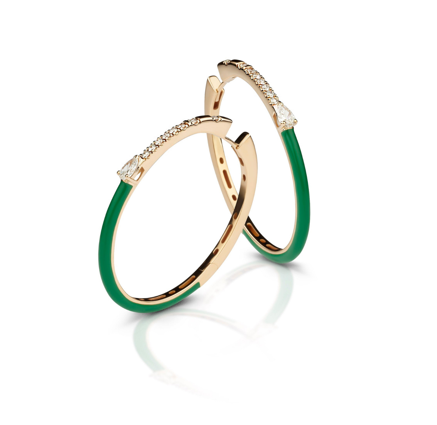 Bottle Green Enamel - diamond and enamel hoop earrings