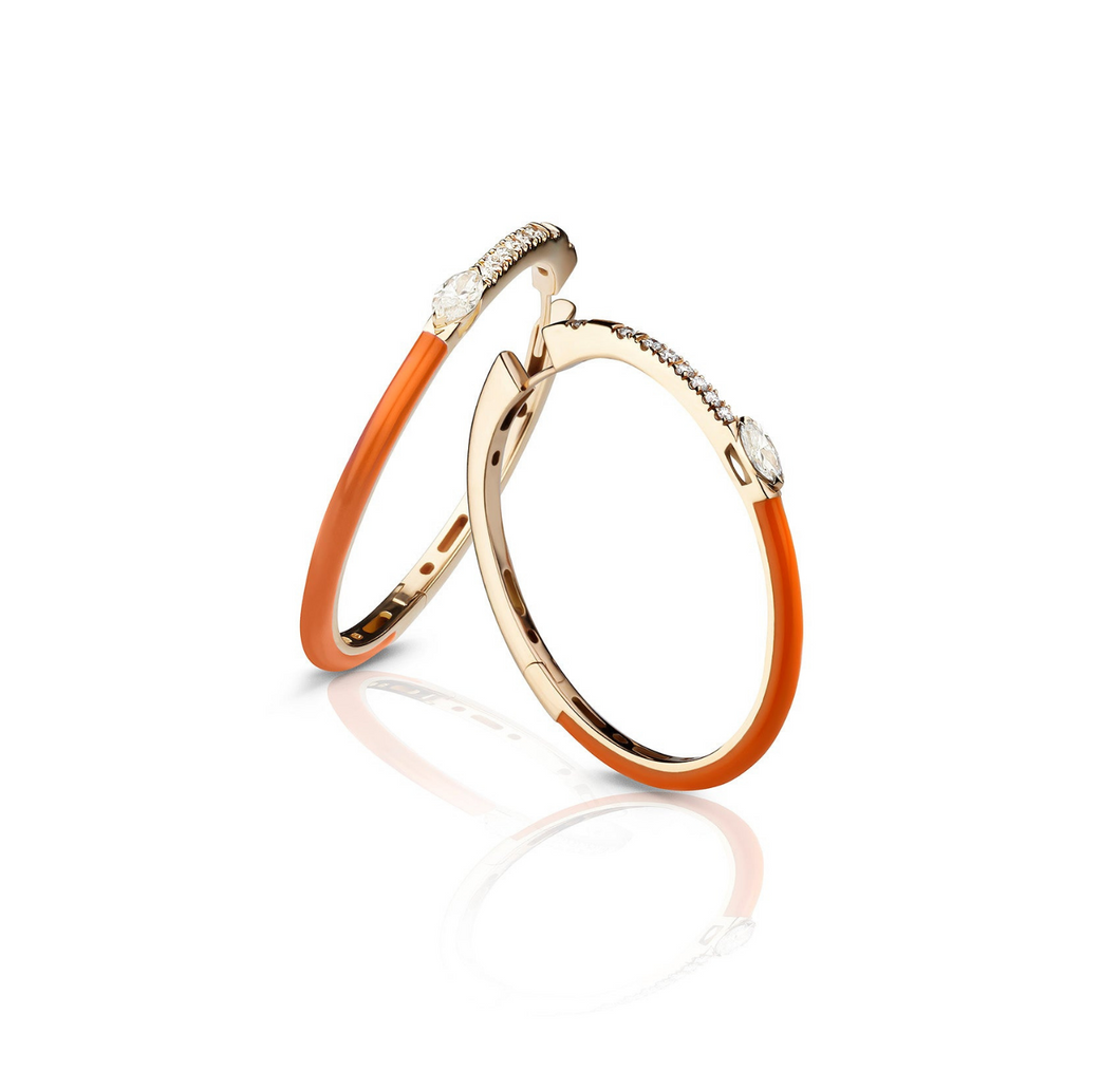 Orange Enamel - diamond enamel hoop earrings